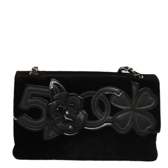 CHANEL Chain Camelia Shoulder Bag Velor Leather Black Silver CC - Picture 13 of 16